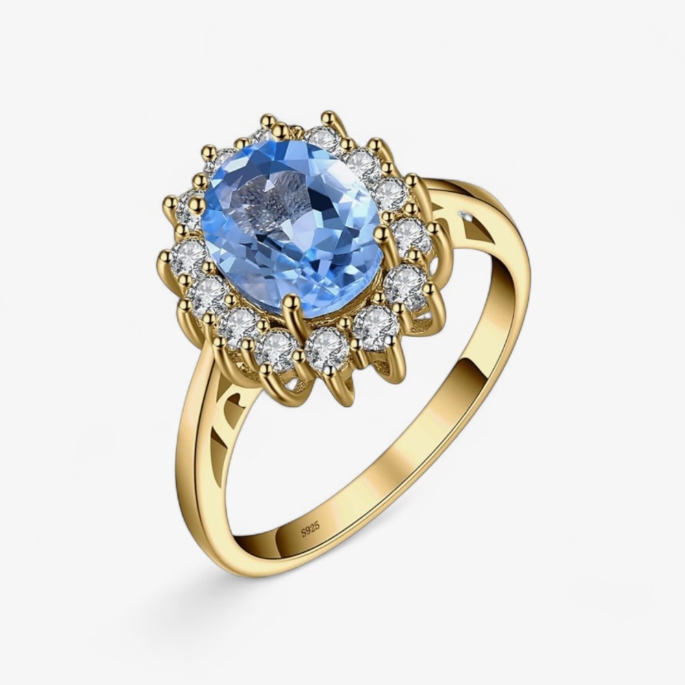 Solid 18K Gold - 925 Sterling Silver Genuine Blue Topaz- Zircon Gems Royal Ring